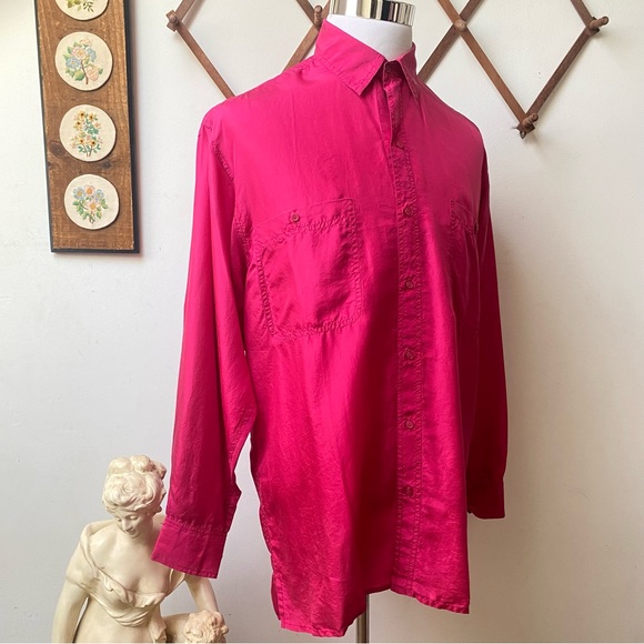 NWT 1980s Neon Pink Silk Two Pocket Button Up Shirt - Picture 8 of 14
